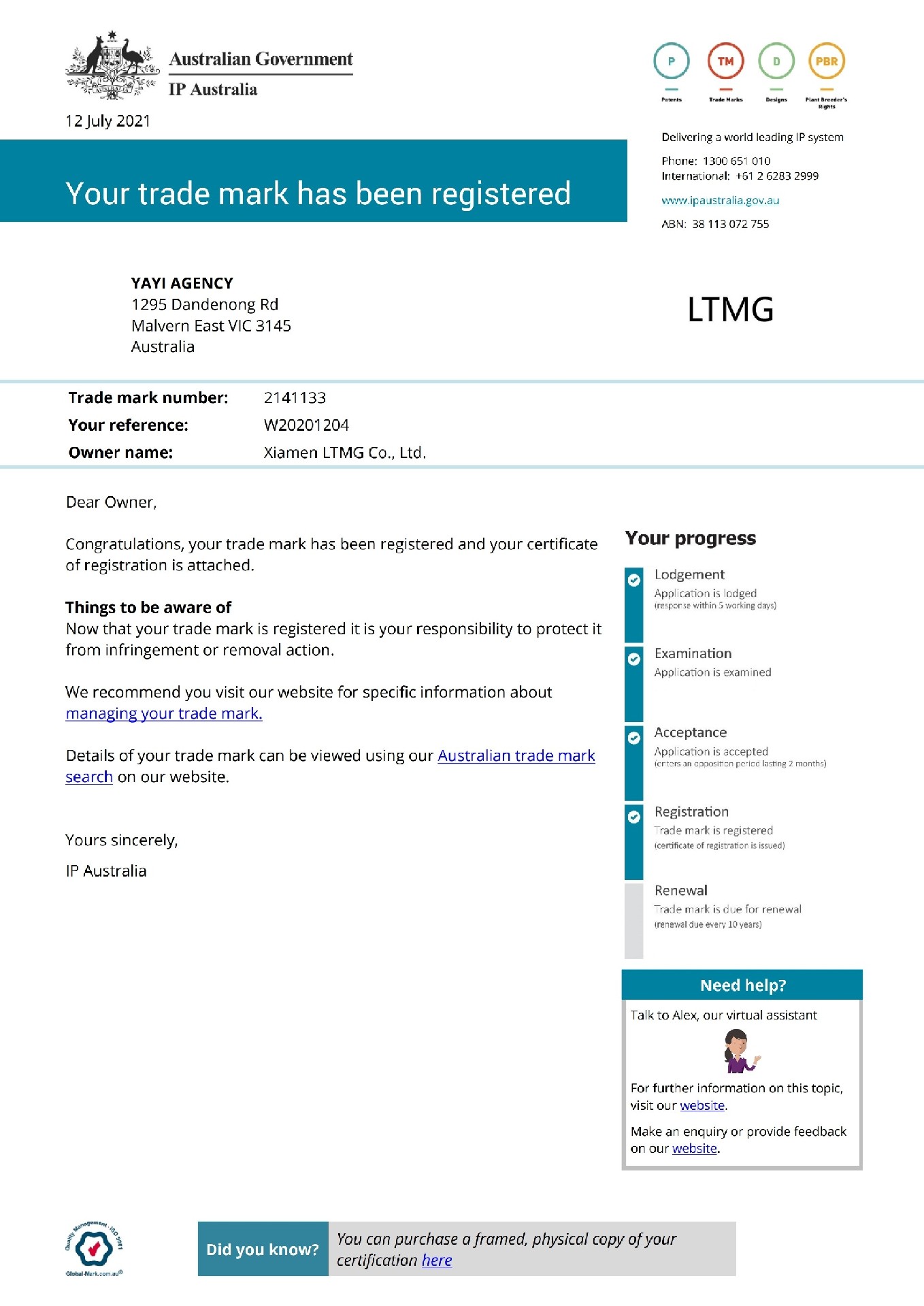 Madrid certificate Australian trademark LTMG 1