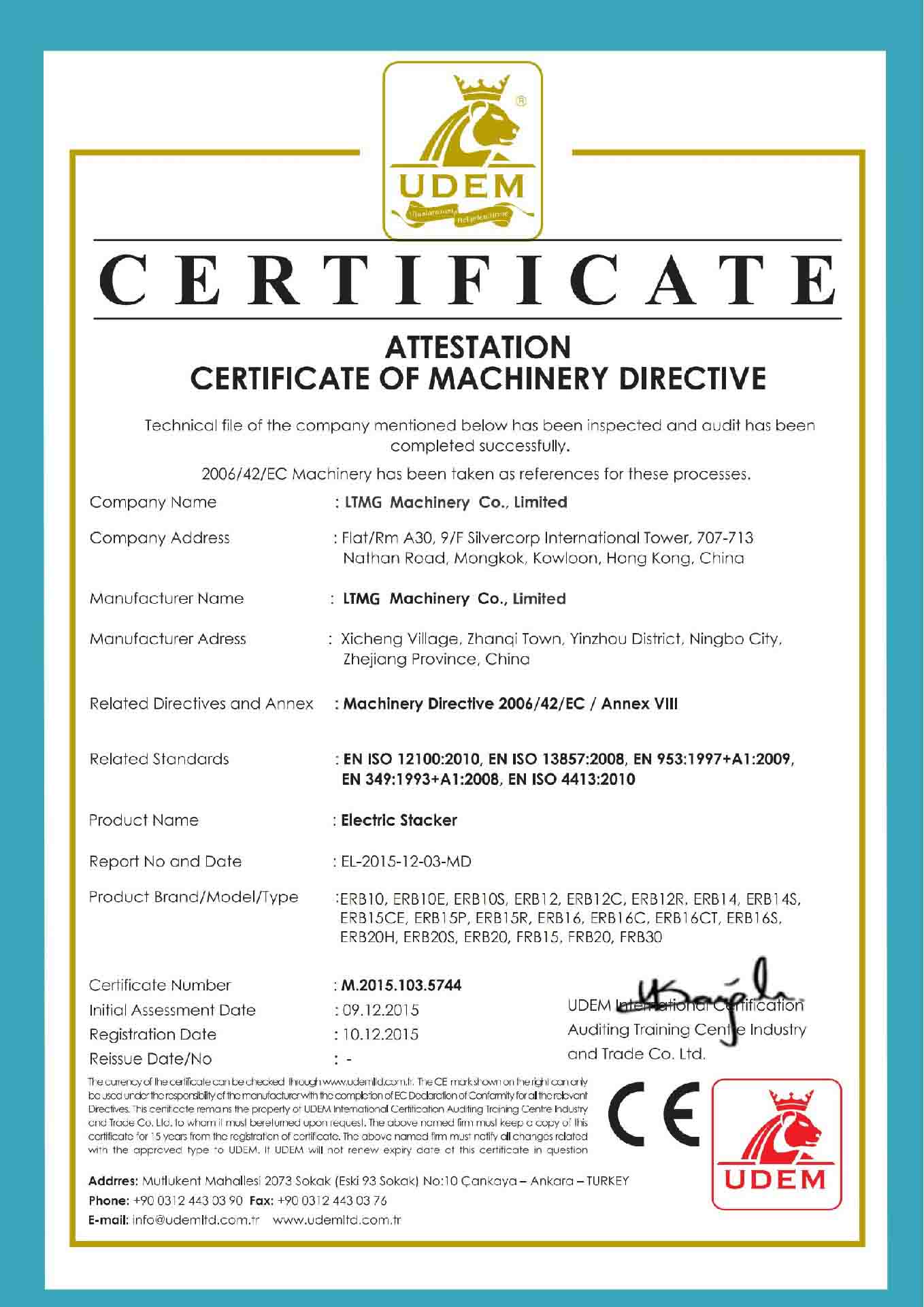 CE Certification of Electric stacker